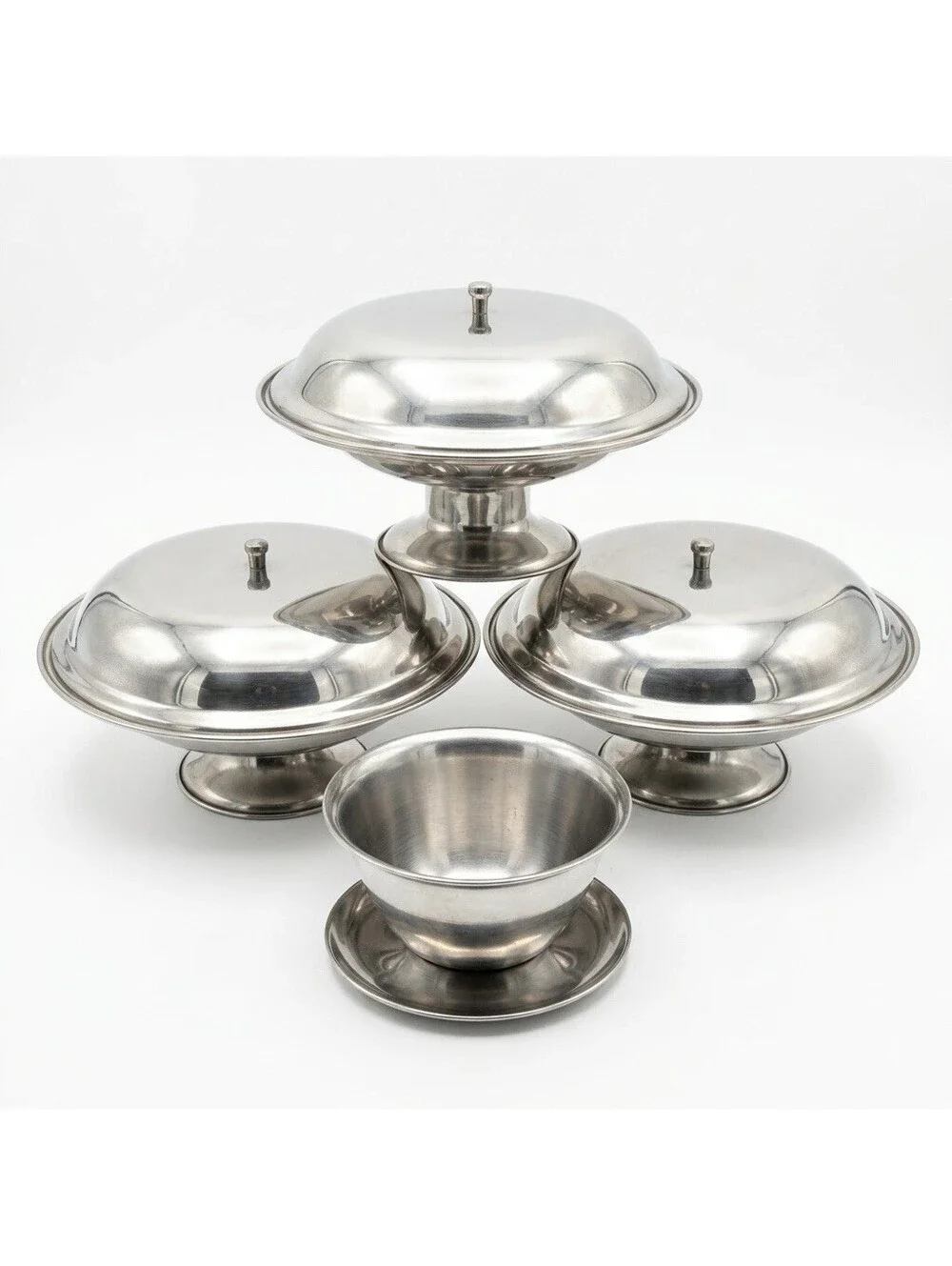 Vintage JR 18-8 Stainless Steel Covered Pedestal Dishes & Bowl Set Korea